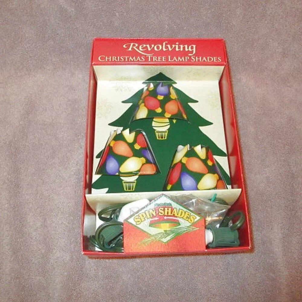 Vtg Revolving Christmas Tree Lamp Shades Set Of 3 With Light Bulbs Holiday NOS
